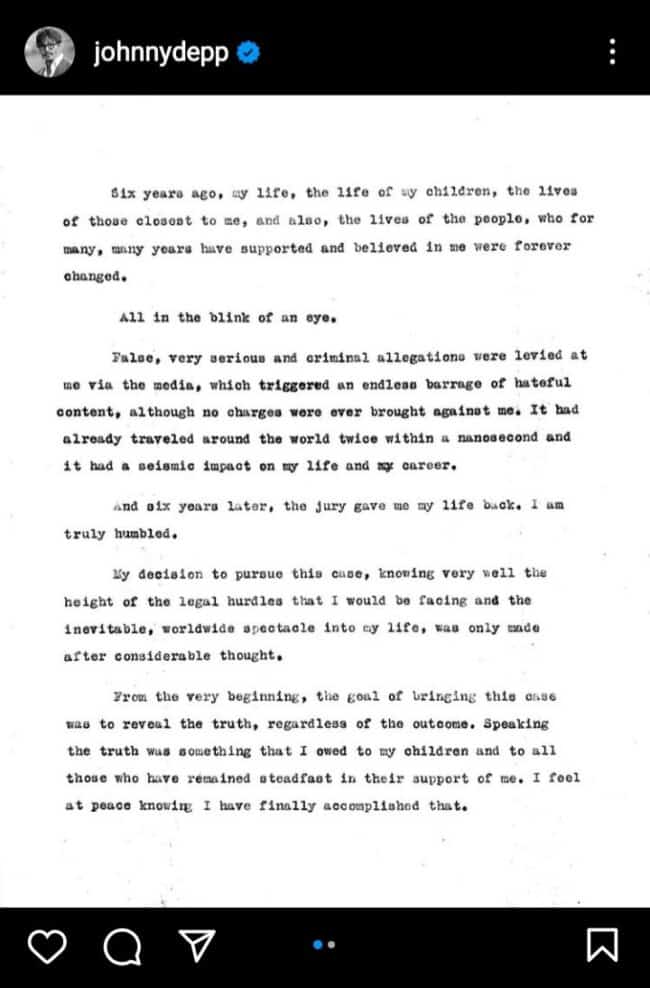 Johnny Depp memuat naik hantaran di Instagram